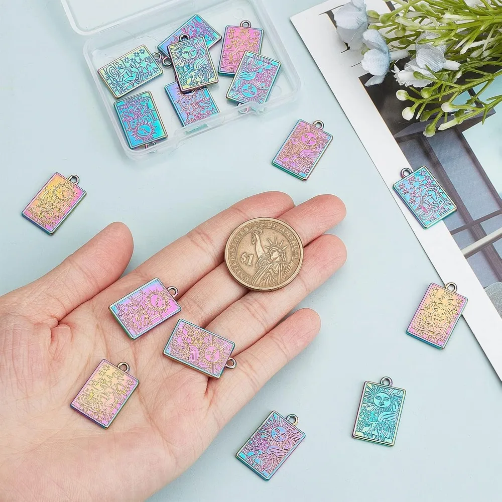 Фото 1 коробка, 18 шт., подвески для карт Таро, подвеска для карт Таро, покрытие радужного цвета или (1, прямоугольный плоский сплав, комплект для изготовления подвесок в виде солнца, звезды и луны №3