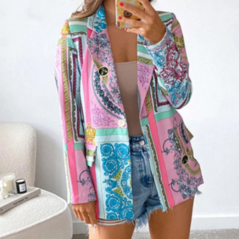 

Женский Асимметричный блейзер в американском стиле, Модная элегантная офисная куртка с принтом, розовый блейзер, топ, 2022