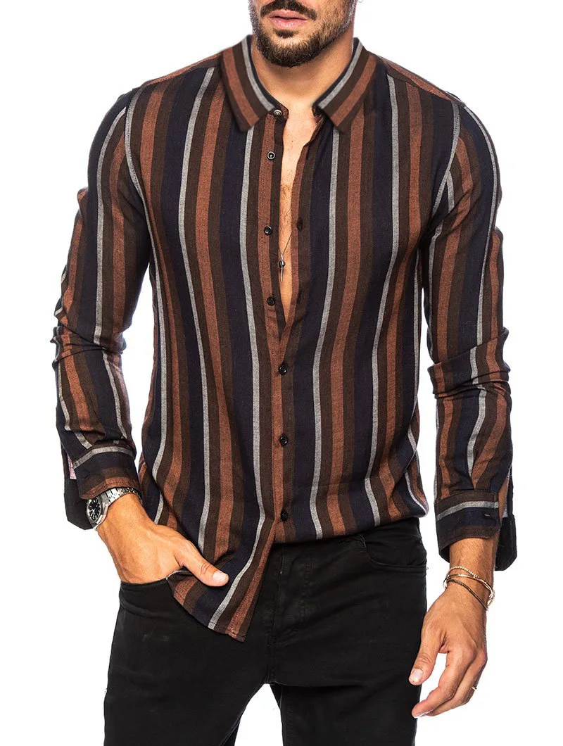 

Spring and Summer New Men's Striped Shirt Slim-Fit Multi-Color Lapel Men's Long-Sleeved Shirt