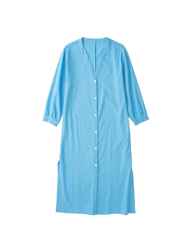 

PB&ZA Women 2022 spring New Chic Fashion linen long gown style Dress Vintage Three Quarter Sleeve Female Dresses Vestidos