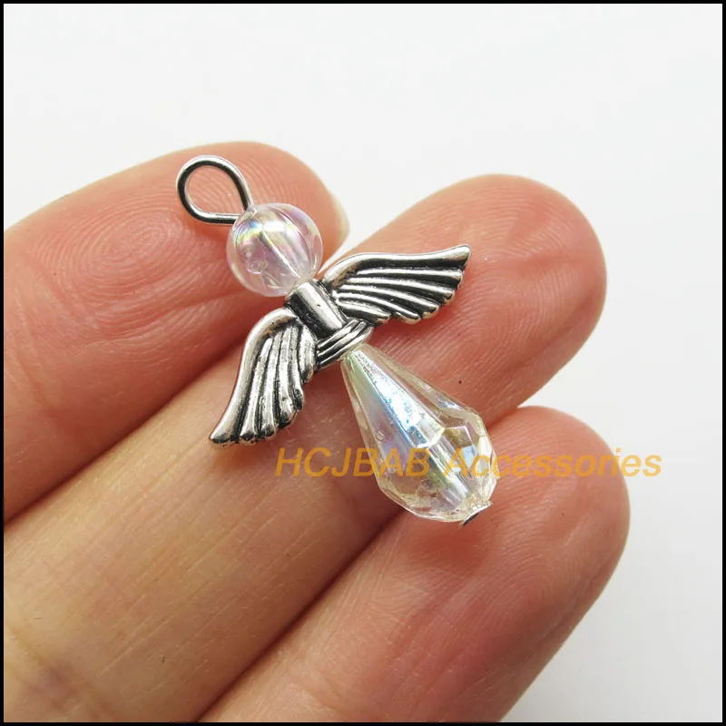 

15Pcs Silver Plated AB White Acrylic Section Teardrop Angel Charms Pendants 21x28mm