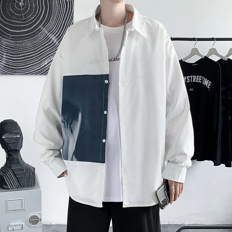 Shirts Men Autumn Japanese Casual Basic Loose Simple Patchwork Fashion Classic Teens BF Handsome Chemise Retro Homme All-match