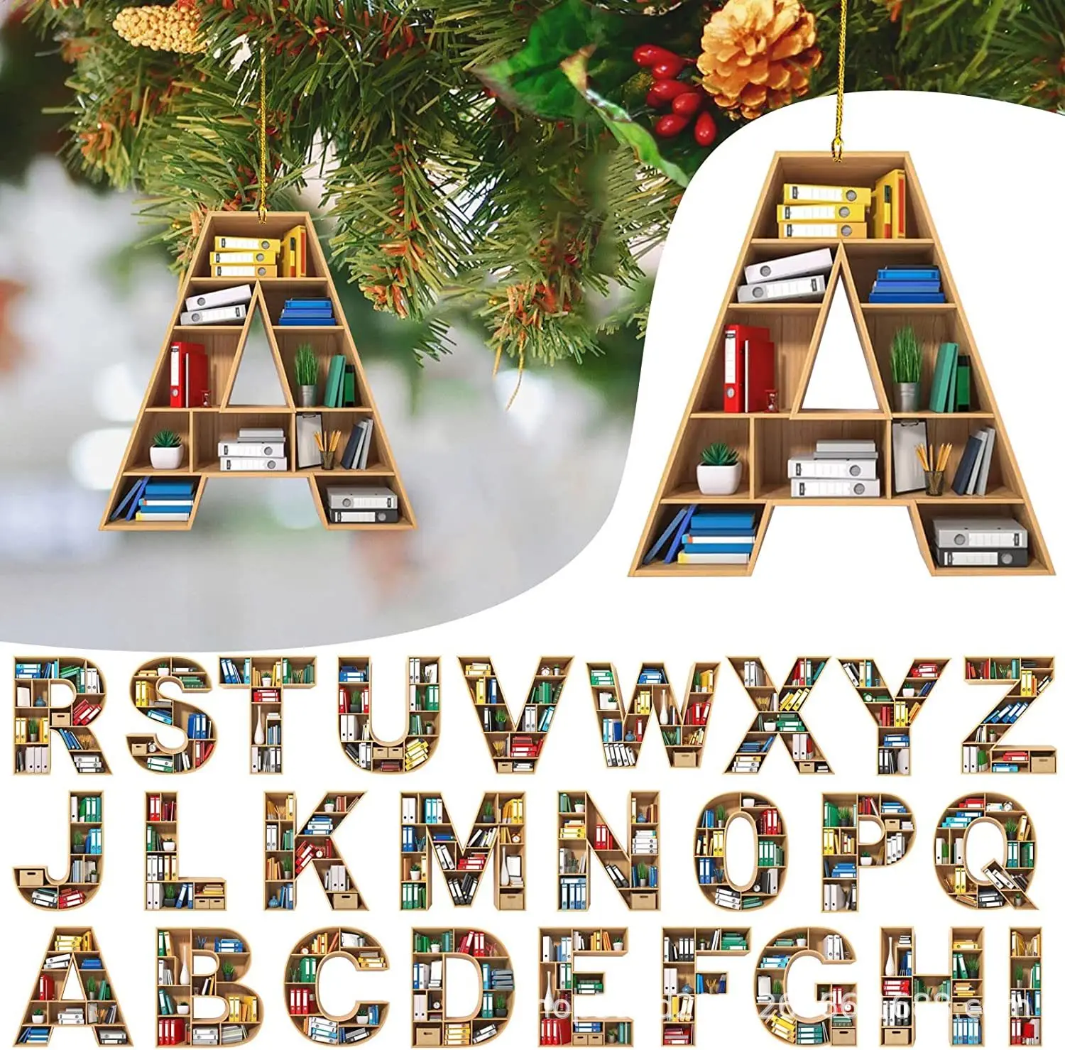 Door Window Christmas Tree Hanging Decoration Book Lovers Heart Shaped Bookshelf Christmas Pendant Acrylic Drop Ornament