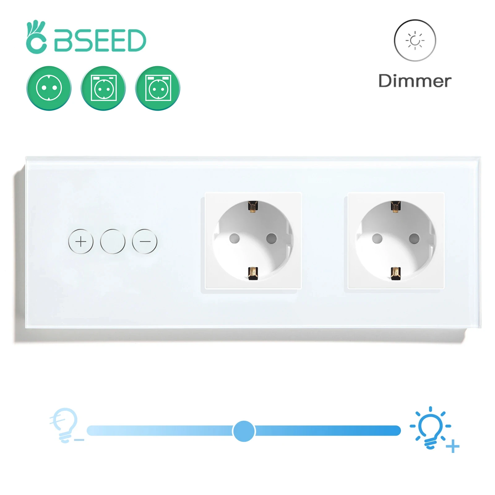 BSEED Touch Dimmer Switches 1Gang 1Way With EU Type-c Double Wall Sockets Outlet Crystal Glass Panel LED Dimmable Light Switches