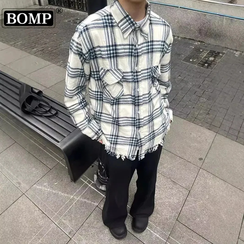 Рубашка [BOMP] в клетку с потертой кисточкой для мужчин и женщин нишевая фланелевая