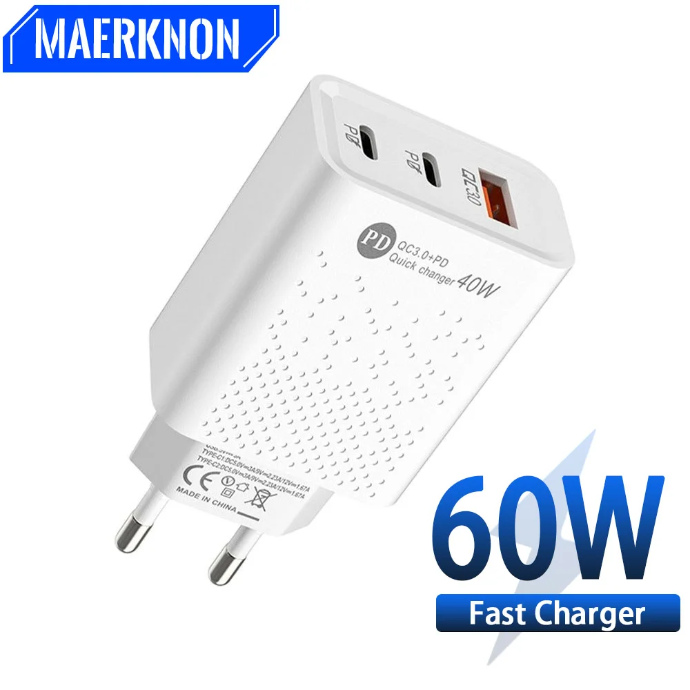 

60W 3 Ports USB Type C Charger Quick Charge 3.0 PD 40W Fast Charging EU/US Plug For iPhone 13 14 Xiaomi 13 Samsung Phone Charger