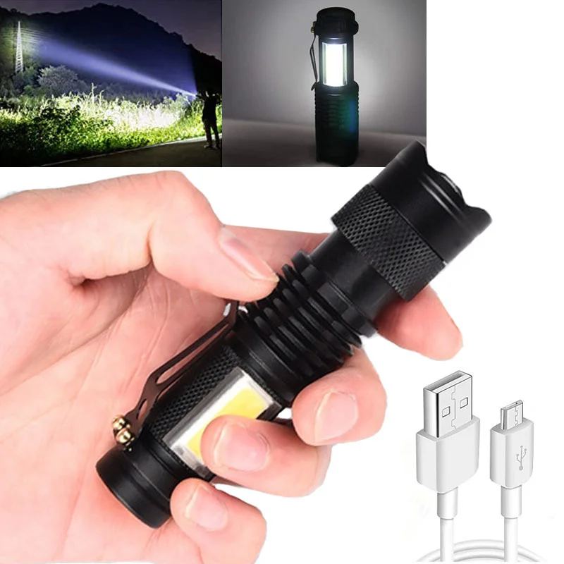 

Портативный перезаряжаемый светодиодный мини-фонарик с USB использует фонарик XPE + COB с бусинами и зумом, подходит для приключений, кемпинга и ...