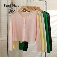 pearl diary women single breasted knitting cardigan crop tops pure colour short tops for women all match long sleeve top