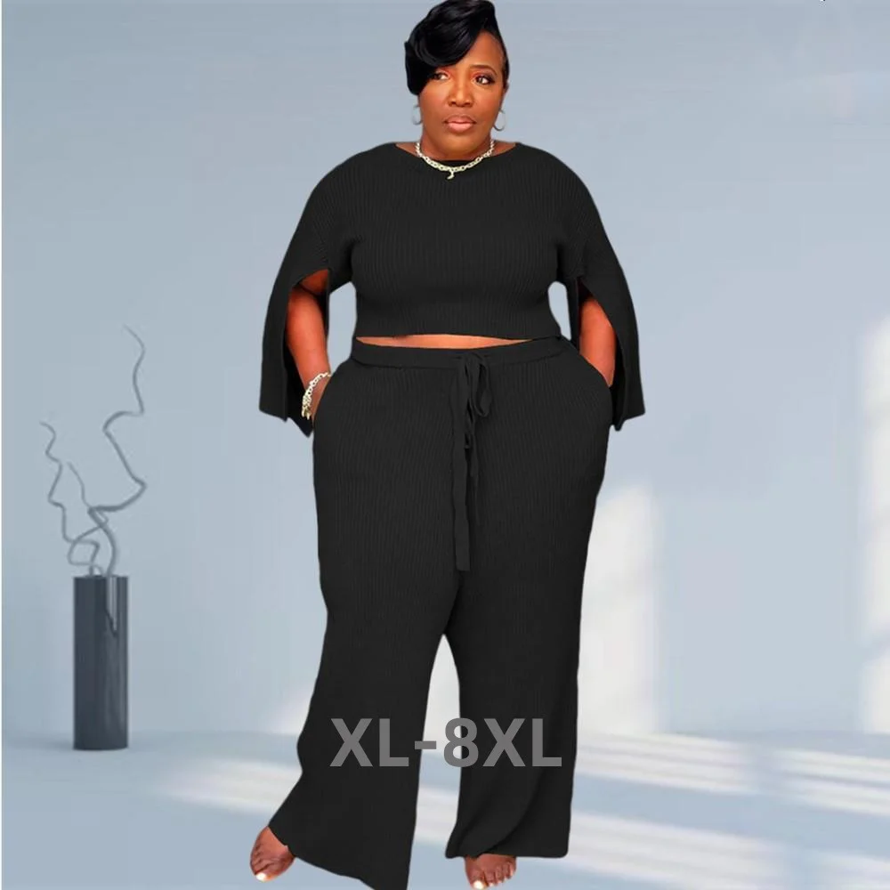 Plus Size New Women Clothing Two Piece Set Casual Slip Sleeve Ribbing Super Stretch Elegant Pants Sets Wholes 3xl 4xl 5xl 6xl