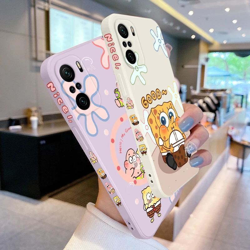 

Anime Cartoon SpongeBob Phone Case For Redmi K50 K40 Gaming K30 K30S 10 10C 10X 9A 9 9T 9C 9AT 8 5G Liquid Left Rope