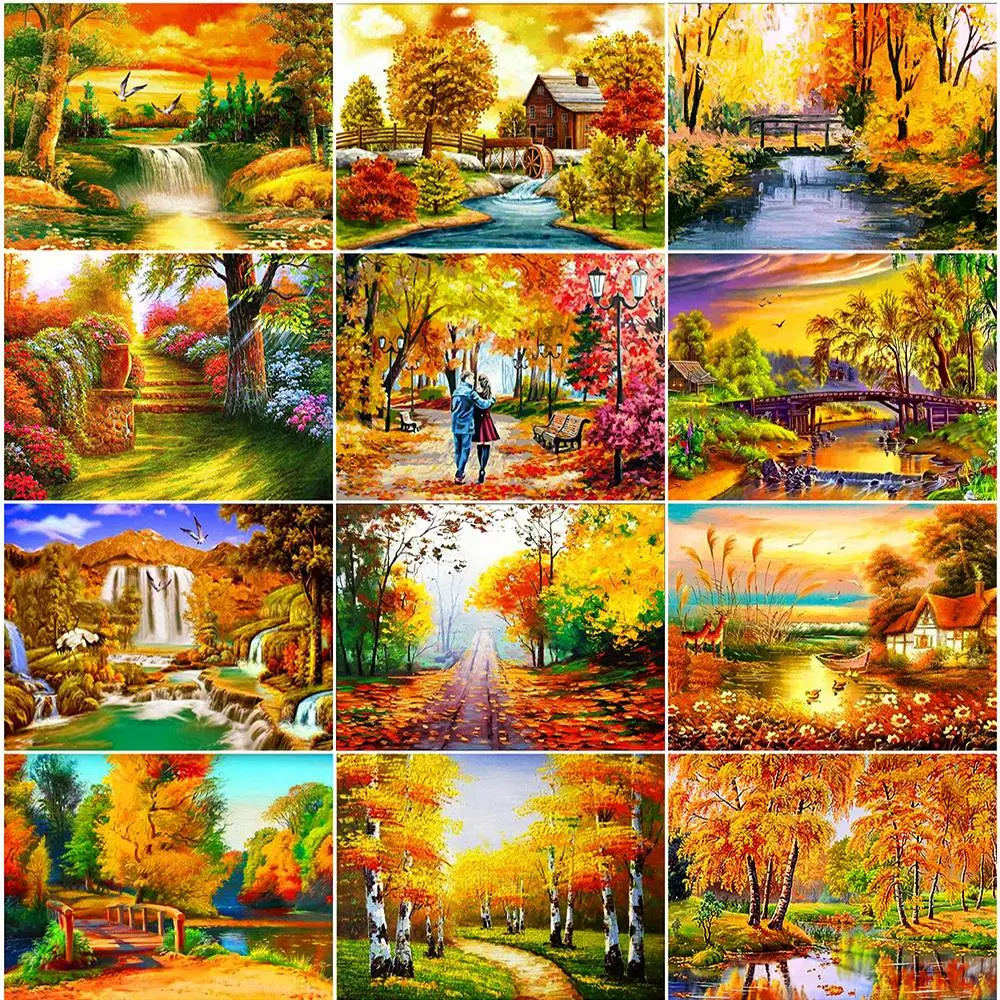 

Пейзажная серия, вышивка крестиком 14 карат, металлическая Аида, Экологичная хлопковая нить, вышивка, украшение для дома, Осенний желтый лес