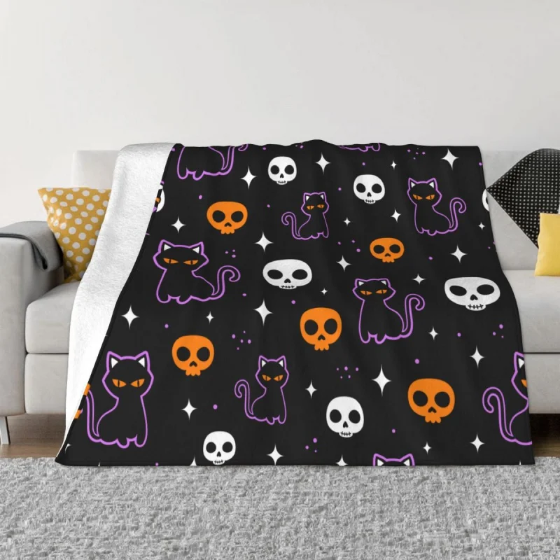 

Одеяла на Хэллоуин, Зимние флисовые черепа и Черный кот, дышащее ультра-мягкое покрывало для кровати, путешествия, покрывала