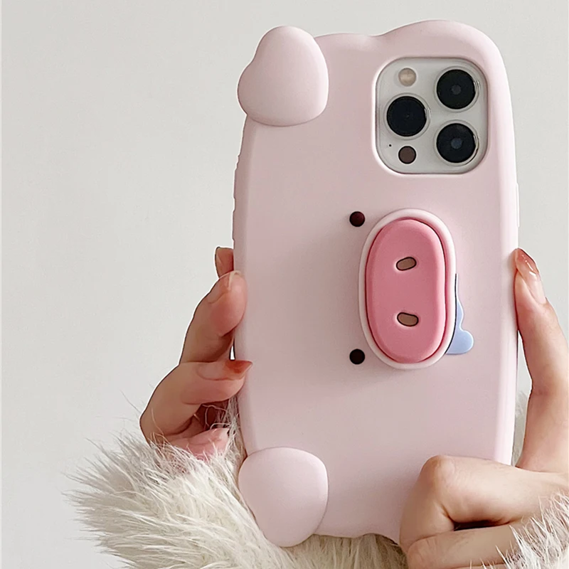 Фото Забавный 3D розовый слюна, свиной нос, невидимый чехол-кронштейн для iPhone 16, 13, 14, 12, 15 Pro Max, милый креативный держатель-подставка, противоударный чехол №3