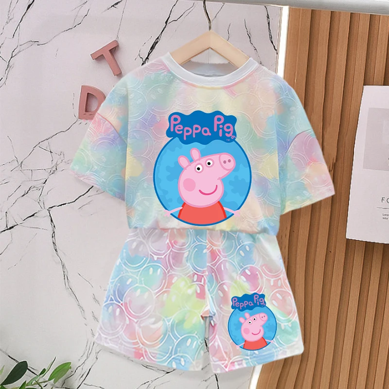 Фото Летние комплекты одежды Peppa Pigs для маленьких девочек, милые футболки с принтом тай-дай, детская футболка с короткими рукавами и шорты, 2 шт. №1
