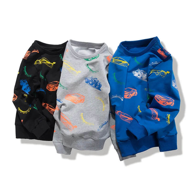 

Boys and middle-aged children's long-sleeved round neck stretch car printing ribbed cuffs children's luminous sweater spring and