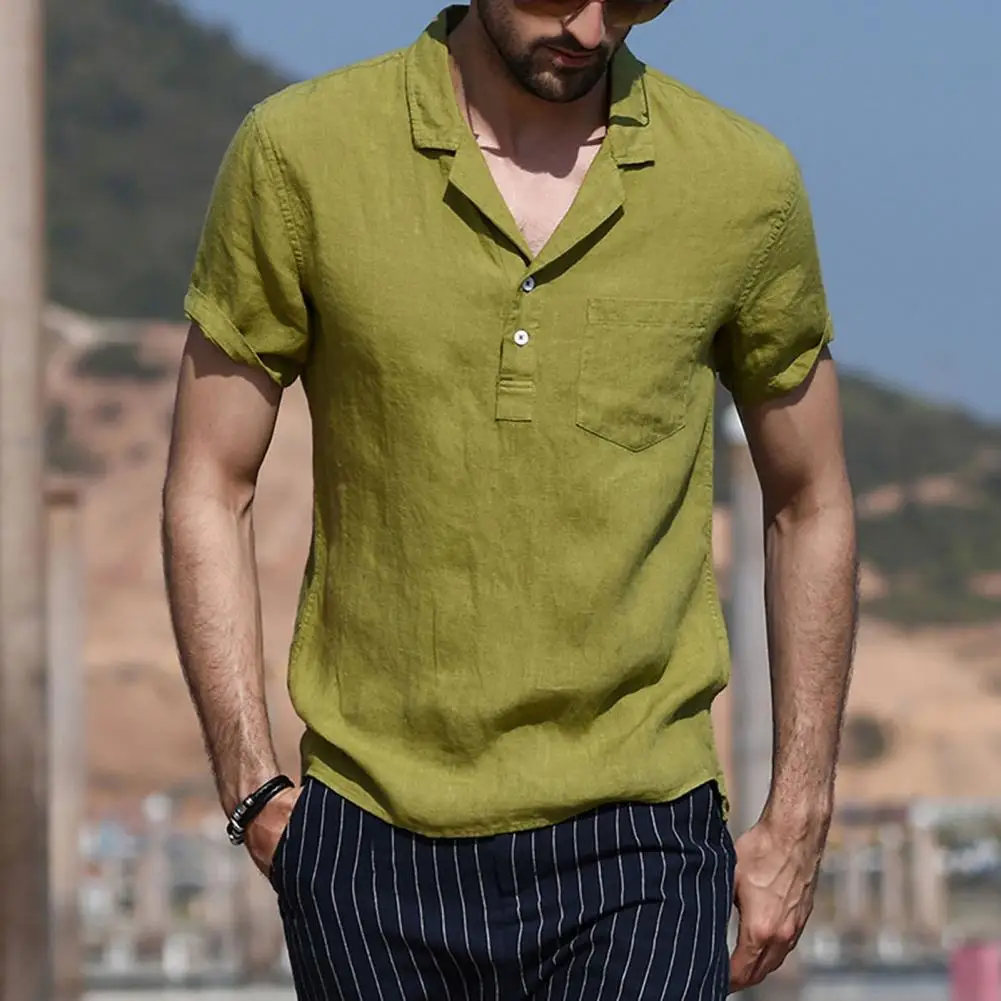 

Мужская Однотонная рубашка с воротником на пуговицах, коротким рукавом и карманами