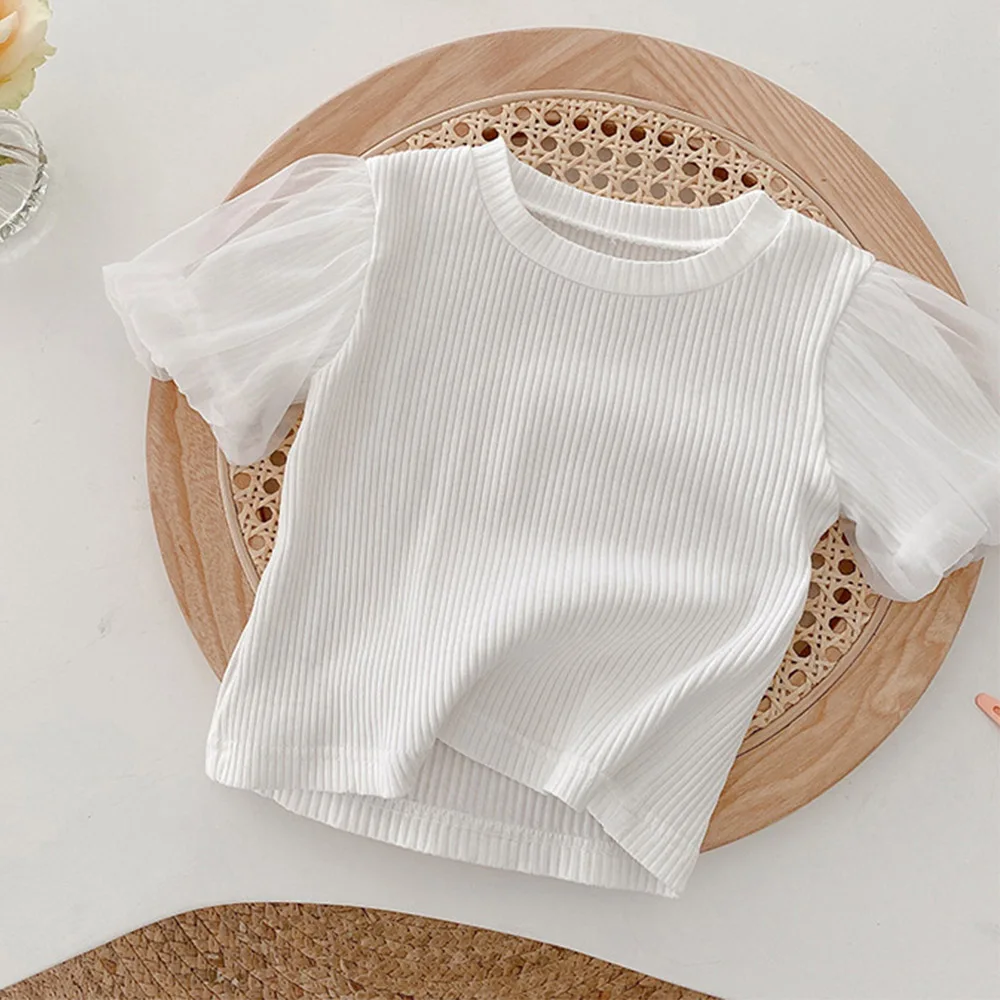 

Girls T Shirt Cotton White Solid Color Fashion Princess Kids Summer Clothes