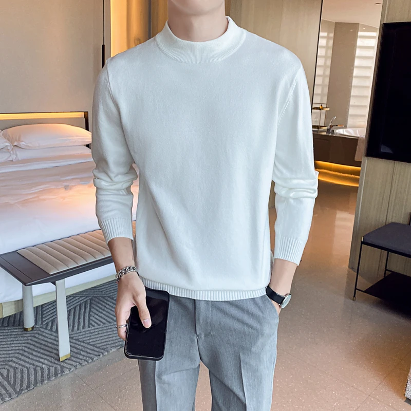 

New Half Turtleneck Men's White Sweater Solid Color Pullover Round Neck Sweater Clothing Bottoming Shirt Top