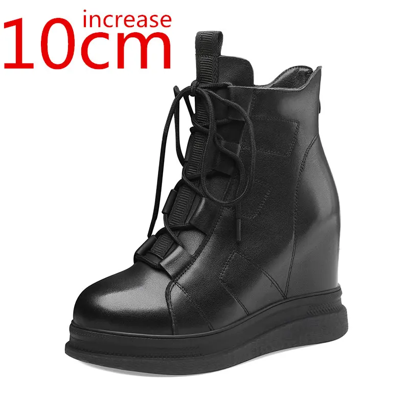 

Inner Height Increasing Women's Shoes 10cm High Heel Thick Soled Martin Boots Waterproof Platform Leather Slope Heel Short Boots
