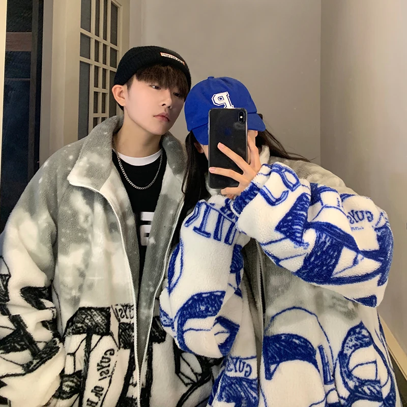 EOENKKY/Lamb Wool Coat Men's Tie Dye Unisex Soft Thicken Warm Male Jackets Fashion 2022 Winter New Brand Large Size Parkas Men