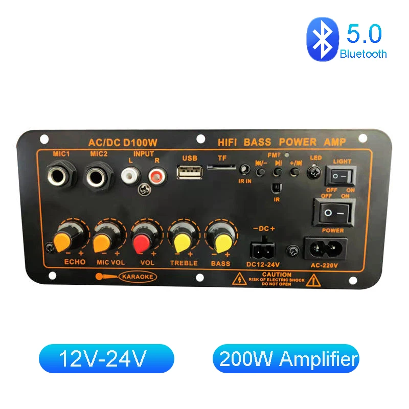 

DC12V 24V Bluetooth5.0 Audio Amplifier Board 200W Dual Microphone Subwoofer Power Amplifier Module 1CH HIFI Stereo Amplifier AMP