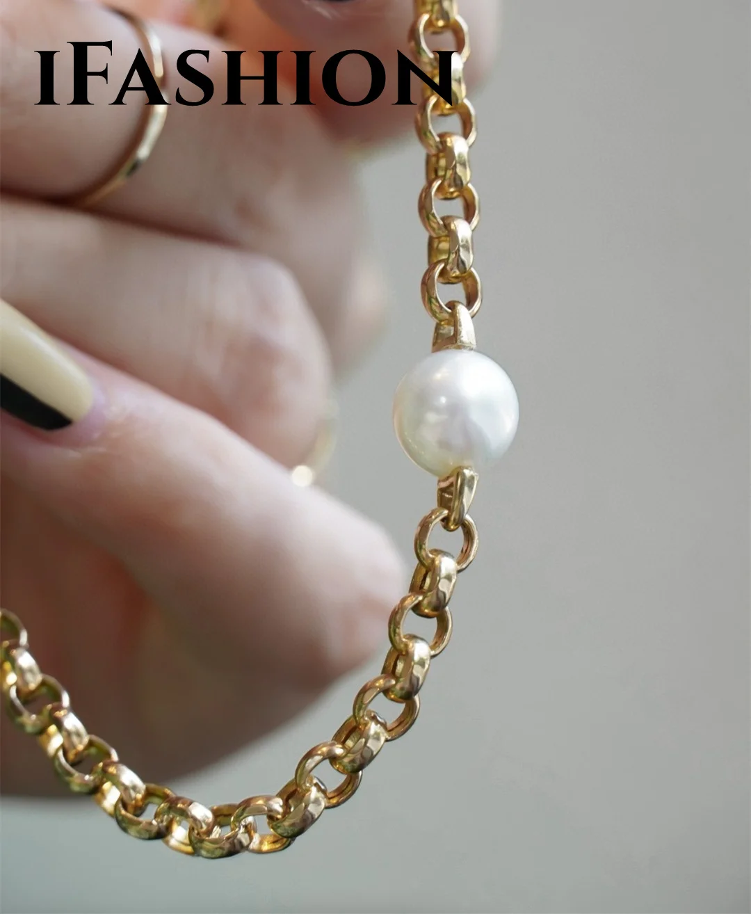 

IFASHION Bracelet Chain Natural Sea Pearl Akoya 18K Solid Yellow Gold (AU750)Italian Craft Imported Chain Pig Nose Women