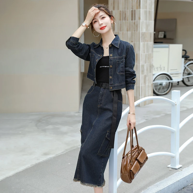 Комплект из двух предметов с юбкой Женский Осенний джинсовый пиджак и платье