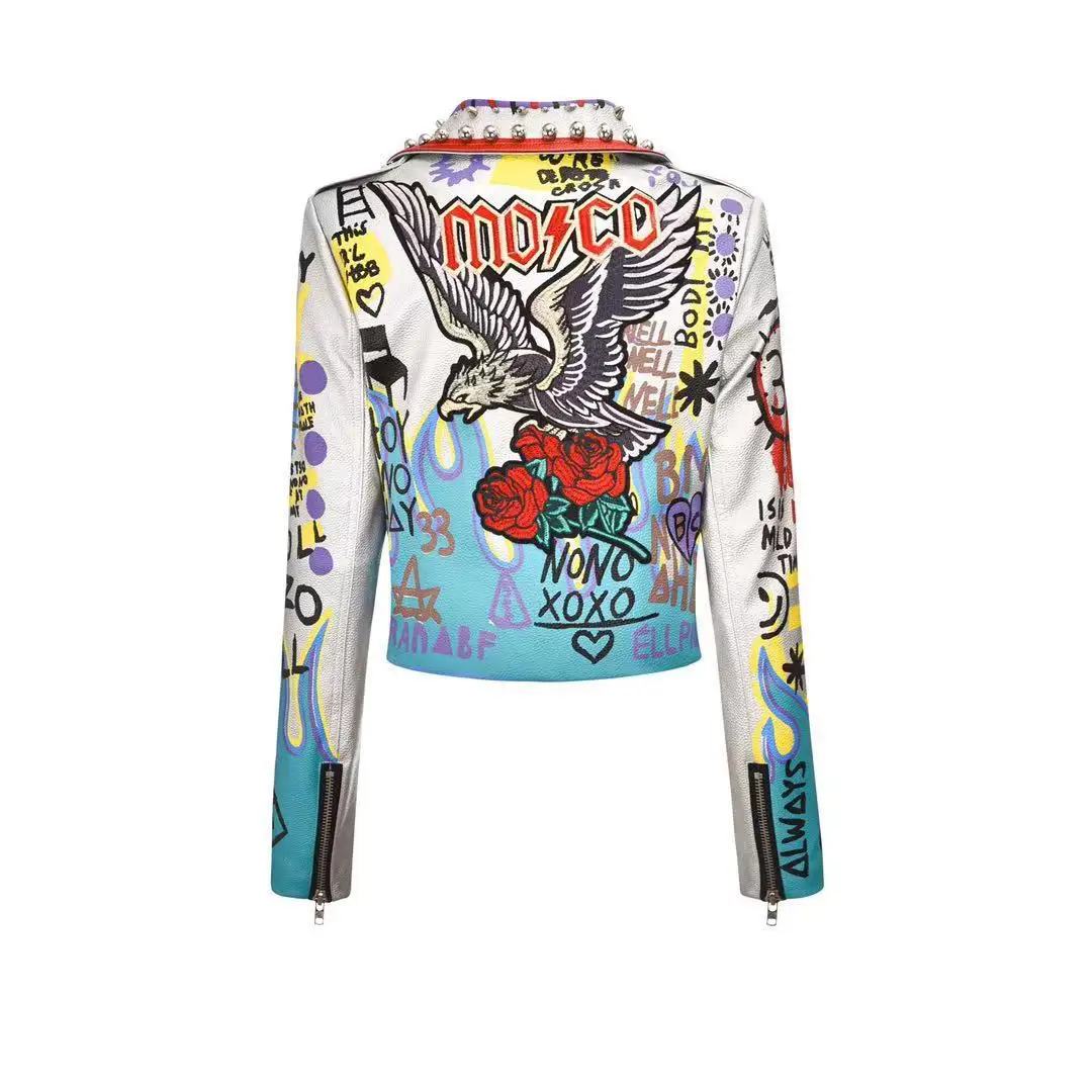 Motorcycle Short Leather Silver Eagle Graffiti Print Heavy Industry Rivet Fried Street Spring and Autumn New Jacket Ladies