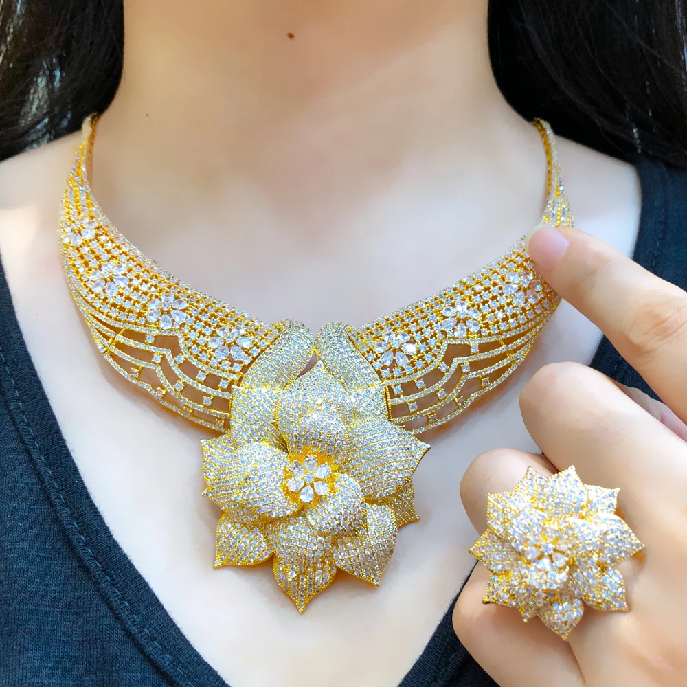 

Missvikki Luxury Big Flower Pendant Gorgeous 4 PCS Jewelry For Women Wedding Cubic Zircon Dress Necklace Bangle Earrings Set