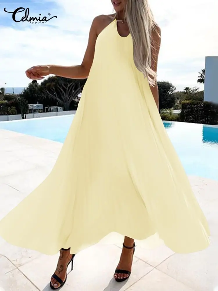 

Celmia Women Sleeveless Dress Halter A-line Long Robes 2022 Summer Backless Maxi Sundress Holiday Loose Straps Beach Vestidos