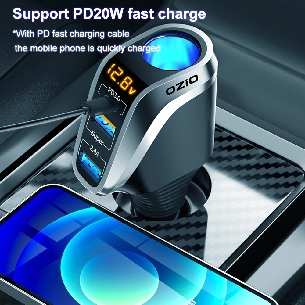 90W USB C Car Charger Cigarette Socket LED Display Type-C PD20W USB 66W Super Fast Charge For IPhone OPPO Samsung HUAWEI Xiaomi