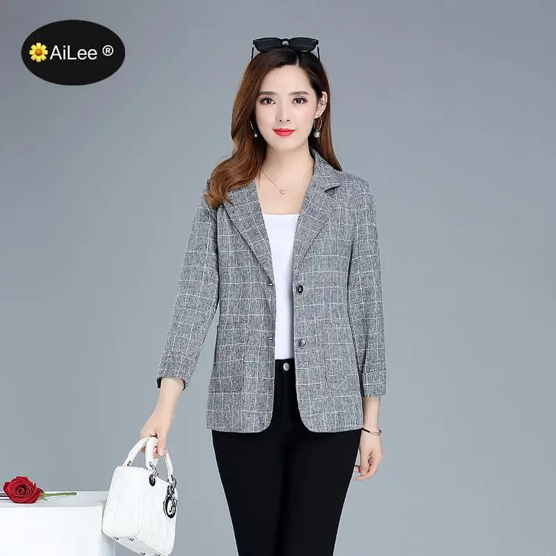 Big Size Elegant Long Sleeve Slim Blazer Jacket Women Casual Gray Outwear Spring Autumn Lady Office Business Suit Blazer Plaid