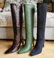 2022 New Autumn Sexy Alligator Pattern Thin Heel Pointed Toe Knee High Boots Women's Shoes Black Purple Brown Green Big Size 43