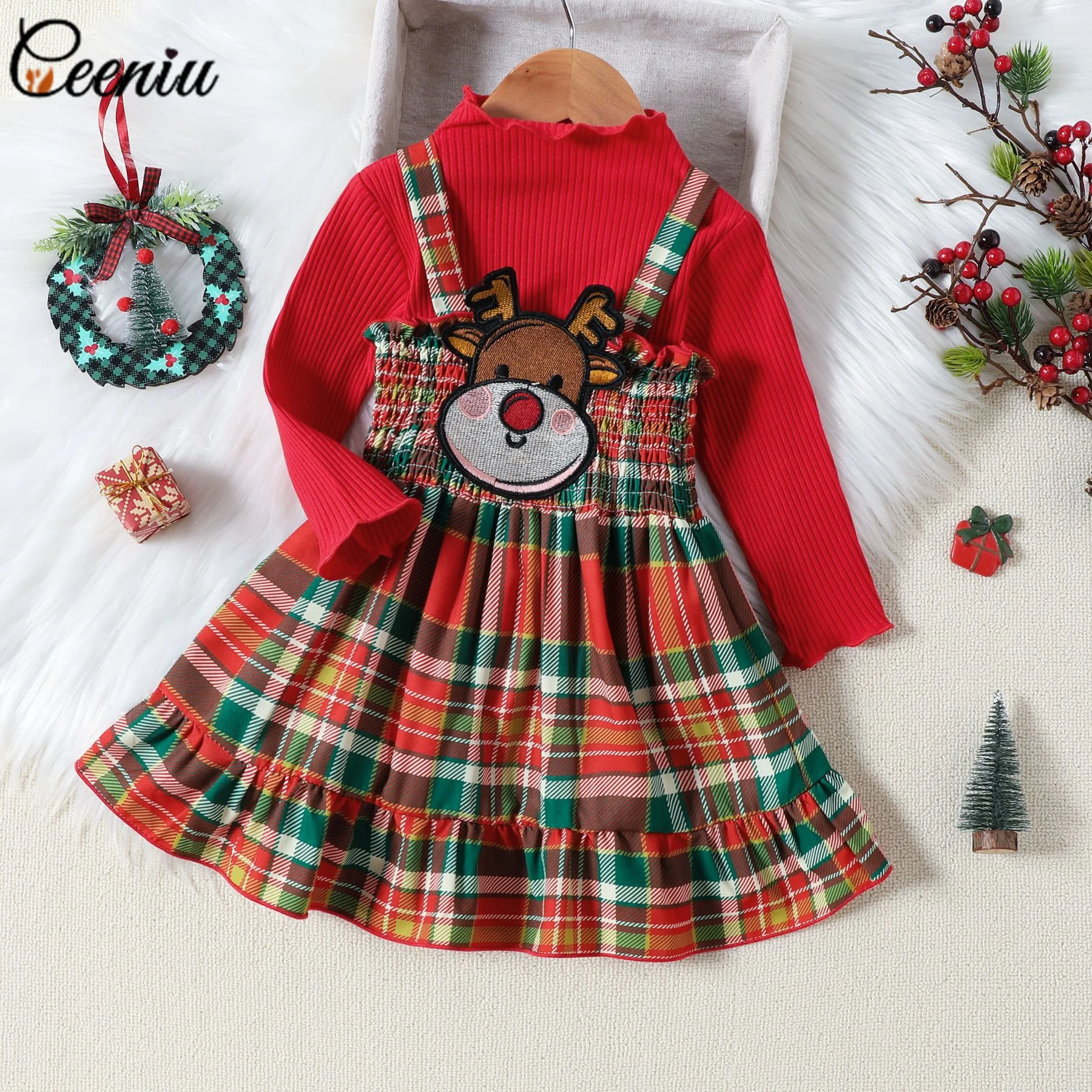 

Ceeniu От 1 до 5 лет рождественские наряды для маленьких девочек с красным топом и мультяшной вышивкой в виде оленя, клетчатое платье, новогодний костюм, Детские комплекты