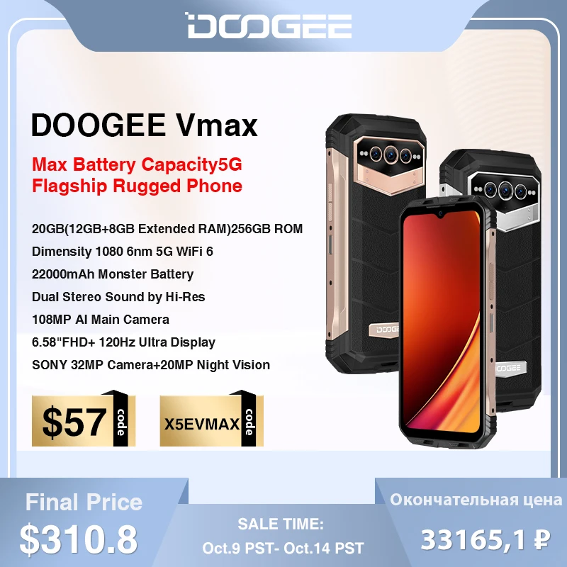 Doogee V Max 5G Rugged Phone 6.58 "120Hz Dimensity 1080 Hi-Res 108Mp Ai Fotocamera Principale Octa Core 12Gb Ram + 256Gb Rom 22000Mah Phone
