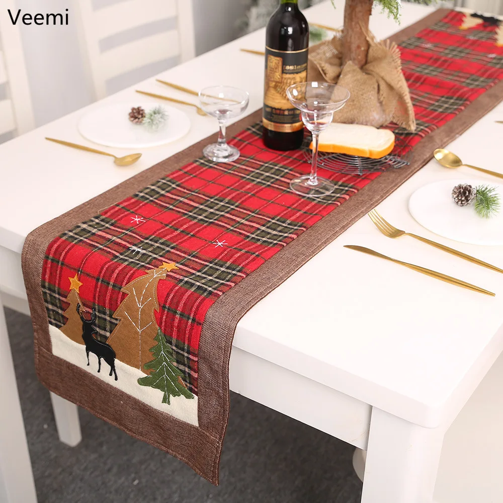 

Merry Christmas Grid Sticking Cloth Elk Tree Table Runner Christmas Decorations for Home Dining Table Flag Place Mat