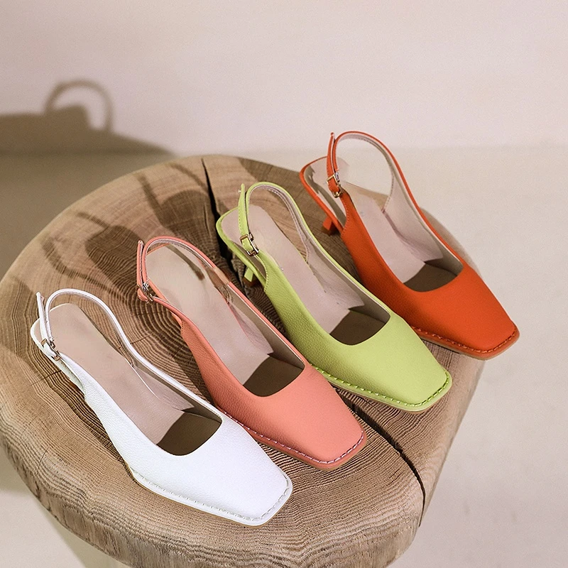 

Sexy Stiletto Shoes 2022 Summer New Fashion Square Toe Hollow Sandals Buckle Strap Solid Color Muller Casual Office Women Pumps