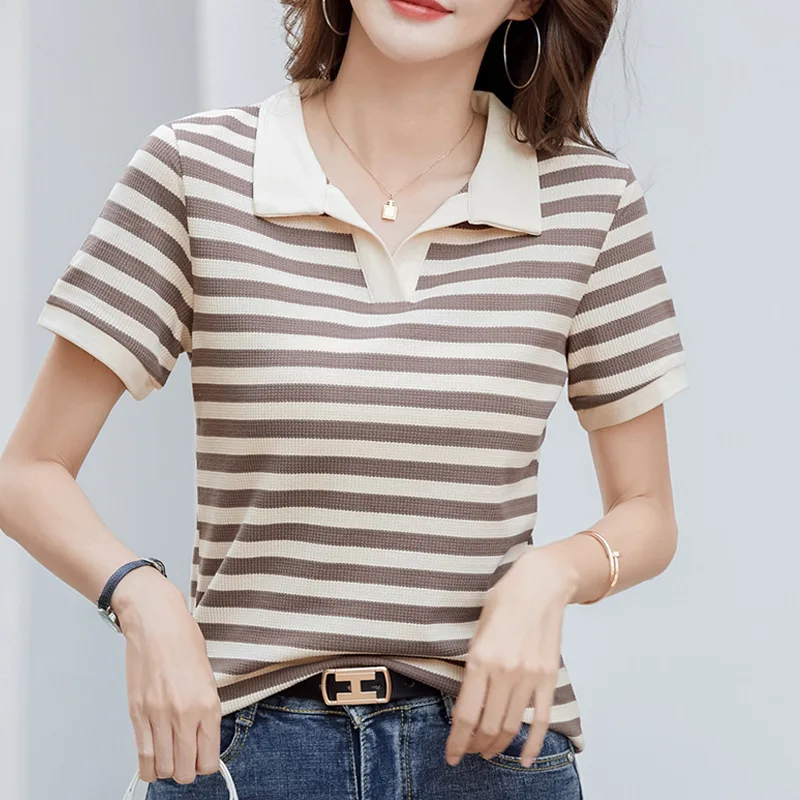 #0420 летняя полосатая футболка с отложным воротником тонкая короткая Женская