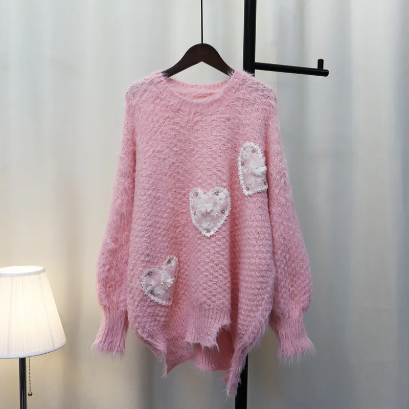 Oversize Sequined Pink Sweater Pullovers For Women Autumn Full Sleeves Loose Casual Lady Tops Jumpers Clothes