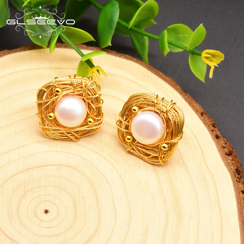 

GLSEEVO Original Design Natural Fresh Water Pearl Stud Earrings For Women Wedding Birthday Gift Jewelry Pendientes Mujer GE0796