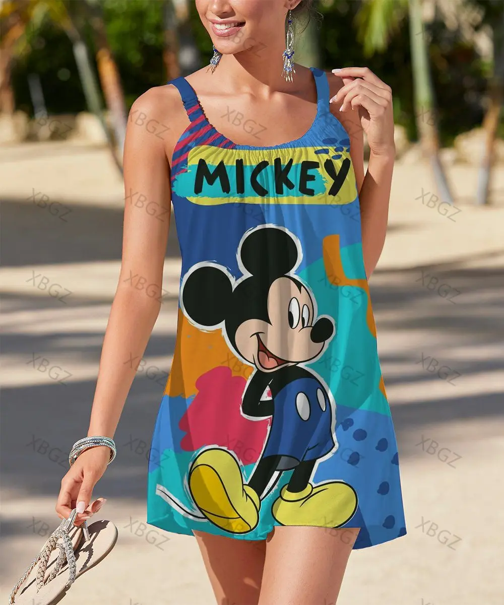 

Women's Dress Spring 2022 Party Dresses Loose Summer Minnie Mouse Top Print Disney Woman Sexy Beach Sleeveless Cartoon Sling 5XL
