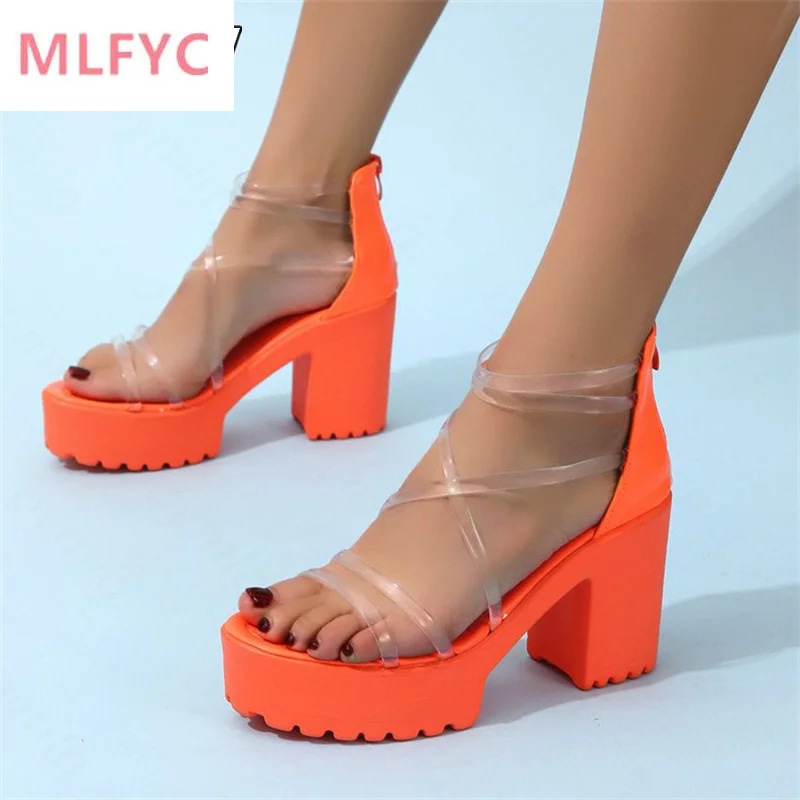 

Large size sandals for women 2022summer sexy model catwalk shoes fashion transparent thick heel super high heel sandals for hair