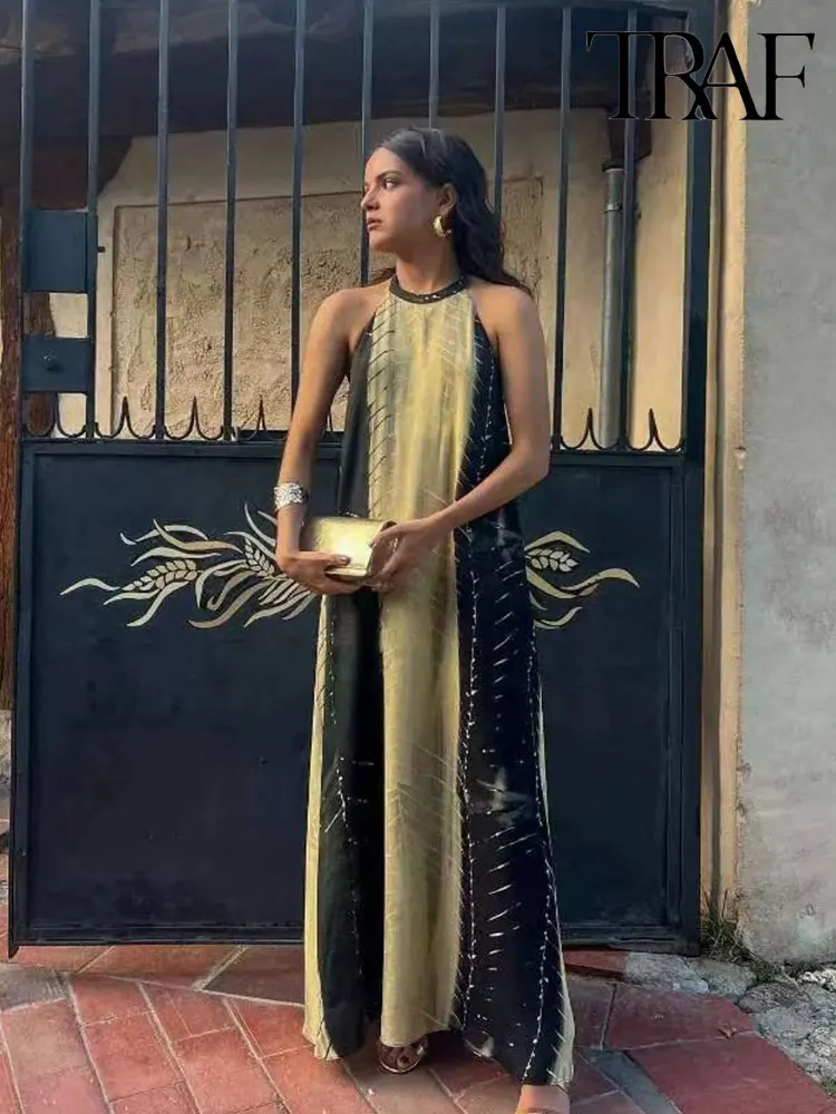 

TRAF Fashion Tie Front Loose Women's Sleeveless Midi Dress Women's Summer Vintage Print Halter Neck Dress Party Dresses