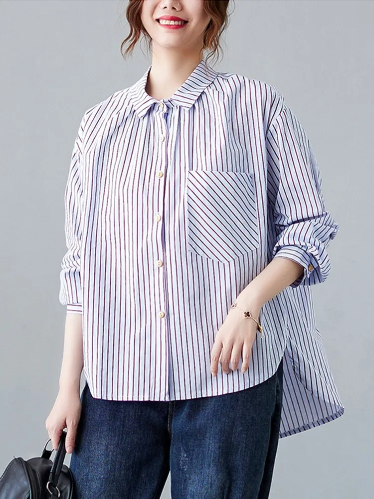

Women Long Sleeve Casual Shirts New Arrival 2022 Simple Style Vintage Striped Loose Comfortable Female Tops Shirt B2054