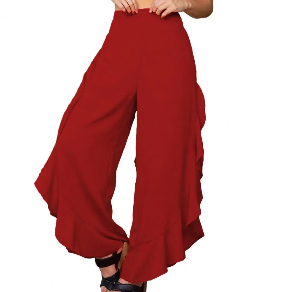 

Women Pants High Waist Elastic Waistband Long Pants Ruffle Trim Split Wide Leg Casual Trousers Streetwear