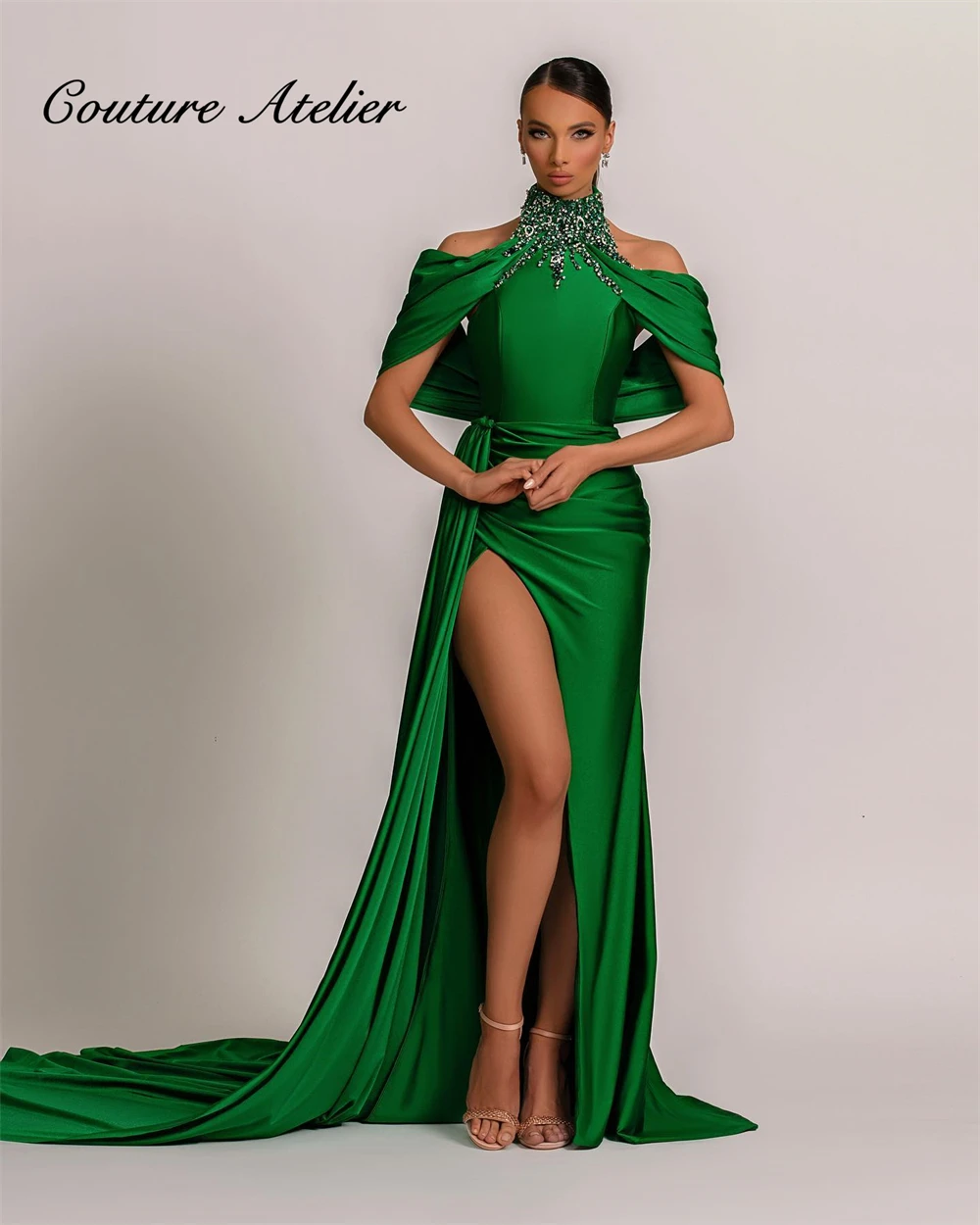 

Зеленые атласные платья для выпускного вечера с высоким разрезом Средний Восток женское платье с юбкой-годе со шлейфом строгое платье с открытыми плечами