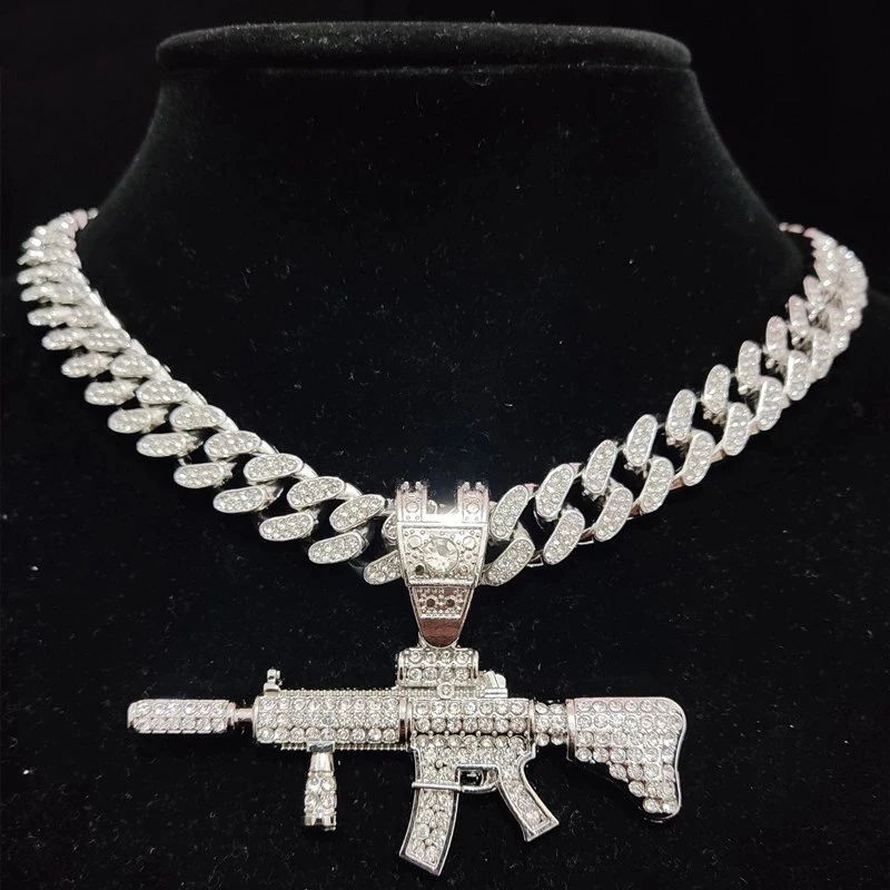 

Men Women Hip Hop Iced Out Bling Submachine Gun Pendant Necklace with 13mm Miami Cuban Chain HipHop Necklaces Fashion Jewelry