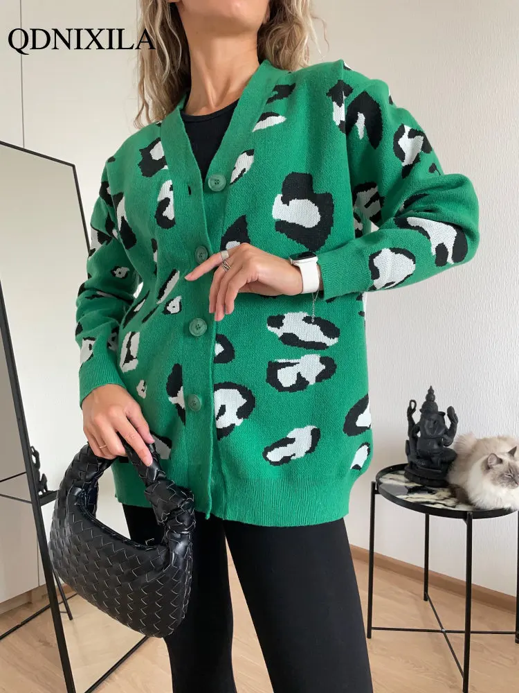 

Autumn Winter New In Women's Sweater Leopard Print Long Knitwears Buttons Outerwear V-neck Cardigan Fashion Oversize Long Sleeve
