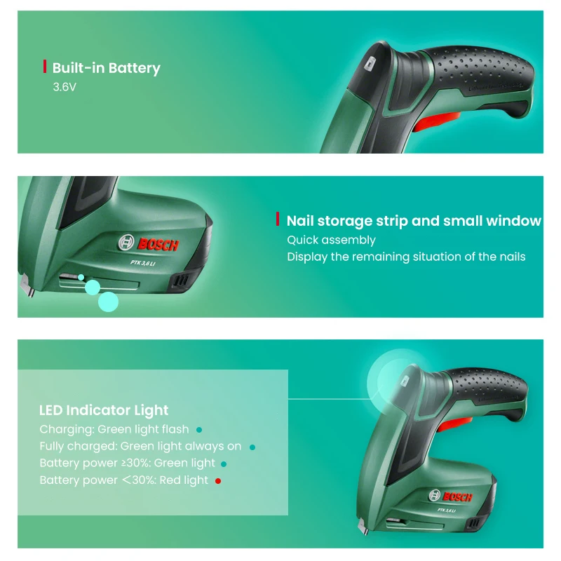 Фото Беспроводной гвоздезабиватель Bosch PTK 3.6 Li для мелких гвоздей, мебельный степлер для каркасов, столярных работ, DIY и обивки. №4
