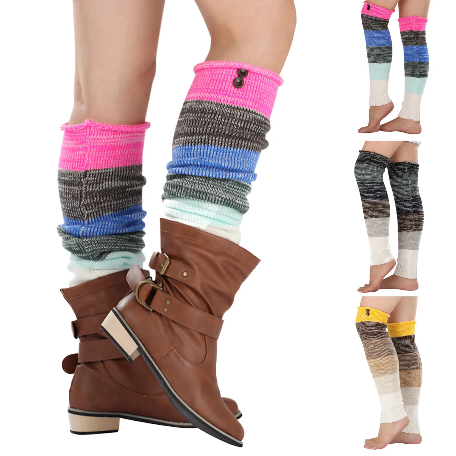 

Colorblock Retro Newly Wool Women Winter Warm Leg Warmers Wool Knitting High Knee Socks Boot Cuffs Fashion Women Gift Gaiters